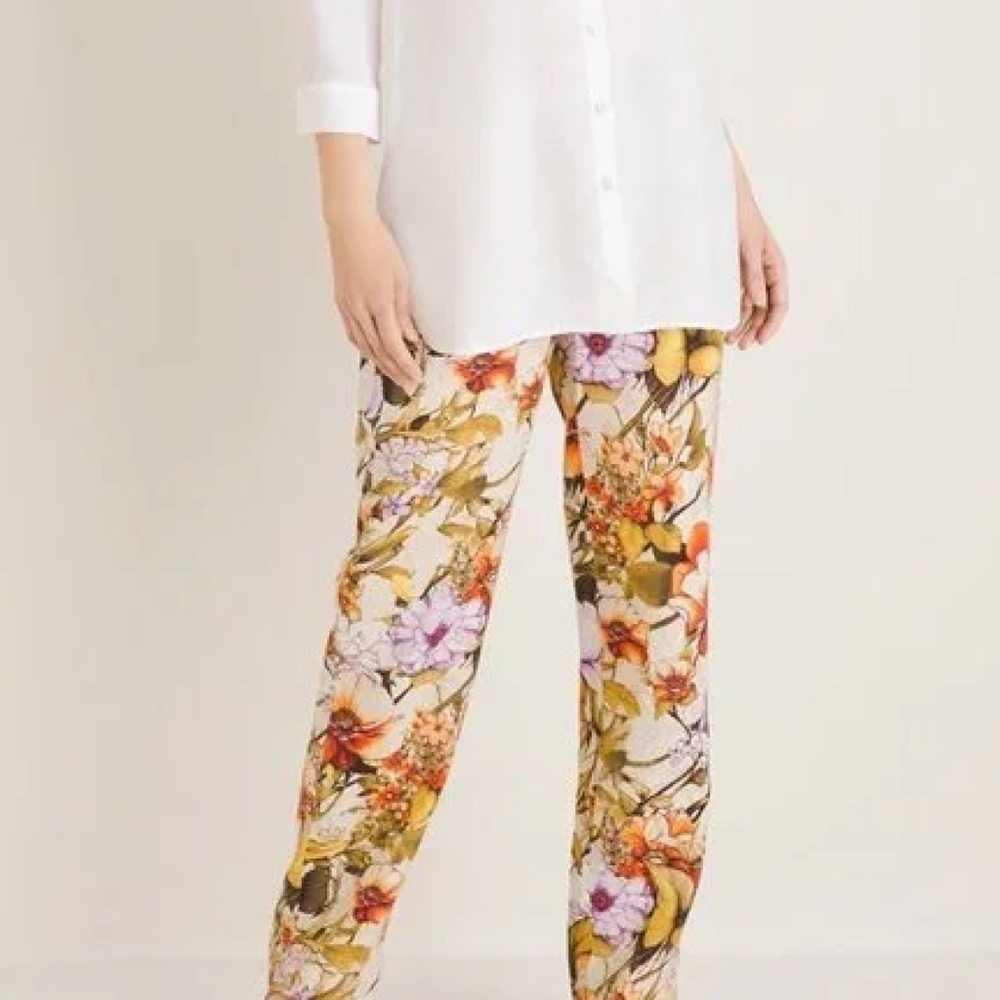 NWT Chicos Linen Flora Print Straight Leg Pants Size 3.5T 3.5 Tall Large